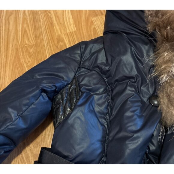 Rudsak Womens TP/XS Navy Down Long Coat With Fur Trim Hood Leather Accents - Picture 6 of 16